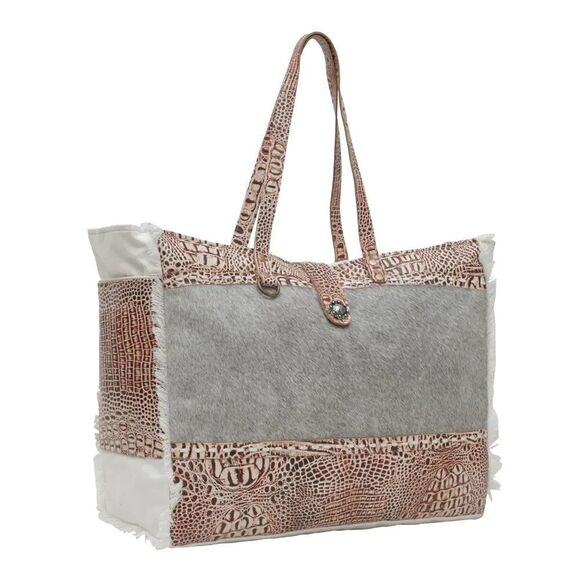 Myra Bag Handmade Smokey Weekender Bag Upcycled Canvas & Cowhide Leather - Picture 14 of 16